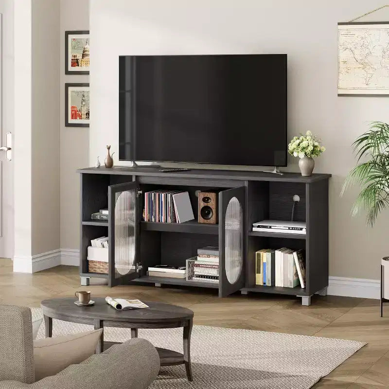 Meuble TV moderne pour téléviseurs de 60/65/70 pouces, meuble console média avec 2 portes en verre ondulé, 4 étagères ouvertes, centre de divertissement avec rangement