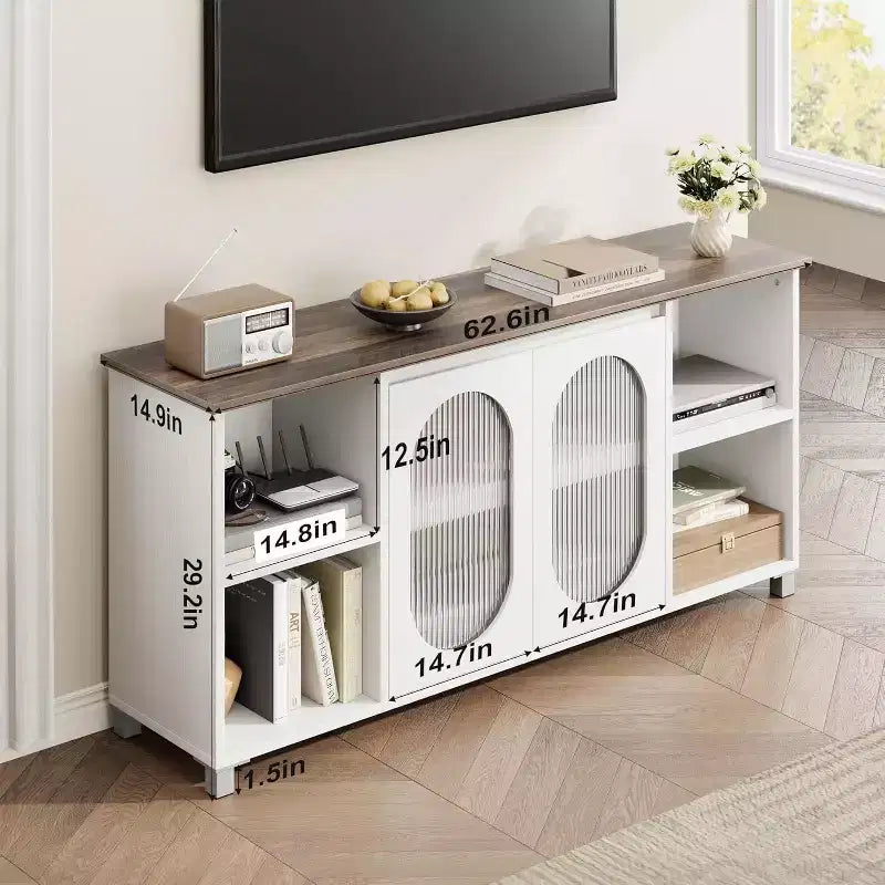 Meuble TV moderne pour téléviseurs de 60/65/70 pouces, meuble console média avec 2 portes en verre ondulé, 4 étagères ouvertes, centre de divertissement avec rangement