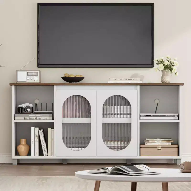 Meuble TV moderne pour téléviseurs de 60/65/70 pouces, meuble console média avec 2 portes en verre ondulé, 4 étagères ouvertes, centre de divertissement avec rangement