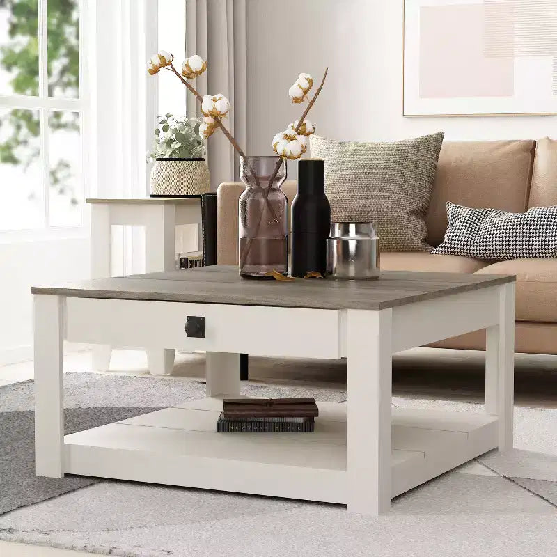 Table basse en bois avec tiroir de rangement 80 L 80 P 41,4 H cm