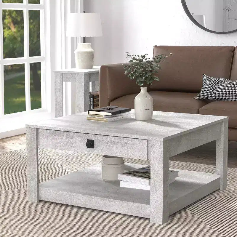 Table basse en bois avec tiroir de rangement 80 L 80 P 41,4 H cm