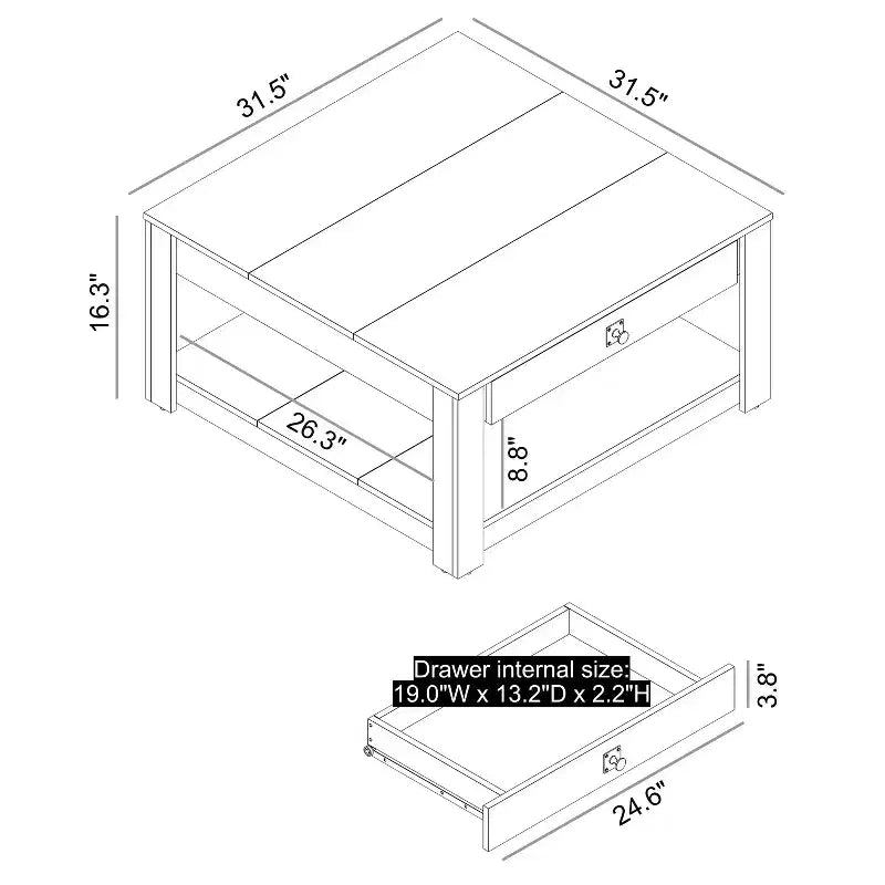 Table basse en bois avec tiroir de rangement 80 L 80 P 41,4 H cm