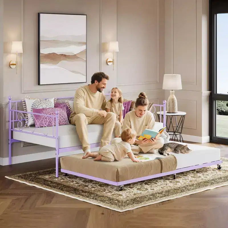 Lit de repos gigogne, Lit gigogne double avec tête de lit en forme de cœur pour enfants, Lit de repos en métal robuste avec support à lattes en acier, Lit de repos double violet