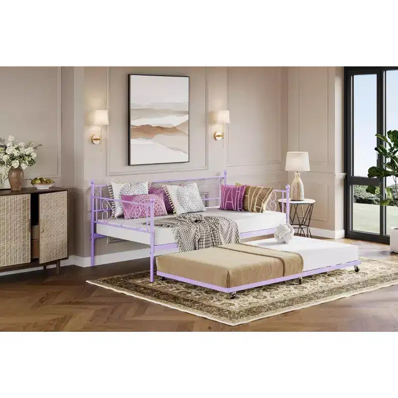 Lit de repos gigogne, Lit gigogne double avec tête de lit en forme de cœur pour enfants, Lit de repos en métal robuste avec support à lattes en acier, Lit de repos double violet