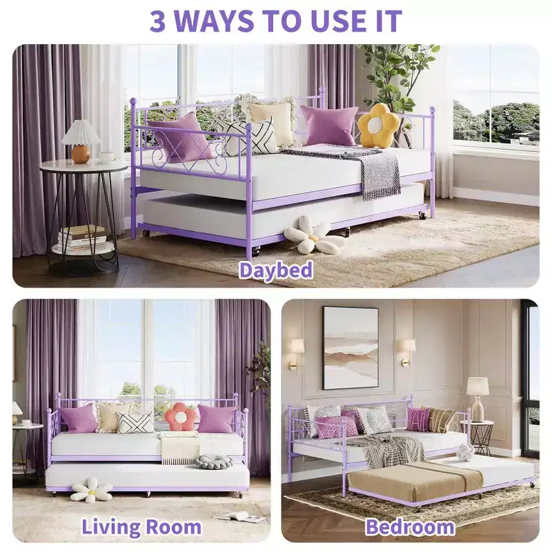 Lit de repos gigogne, Lit gigogne double avec tête de lit en forme de cœur pour enfants, Lit de repos en métal robuste avec support à lattes en acier, Lit de repos double violet