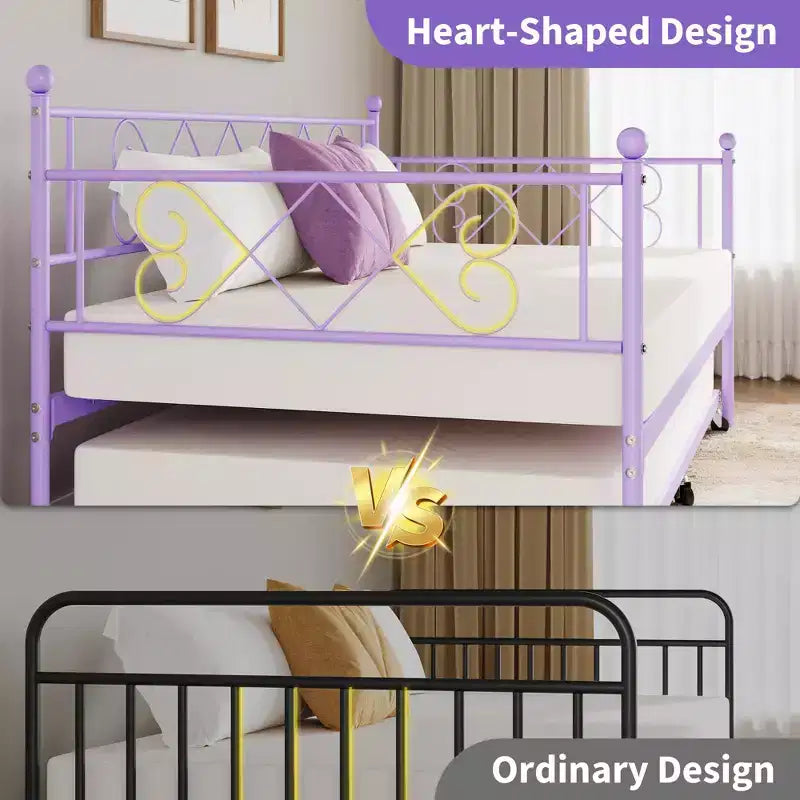 Lit de repos gigogne, Lit gigogne double avec tête de lit en forme de cœur pour enfants, Lit de repos en métal robuste avec support à lattes en acier, Lit de repos double violet