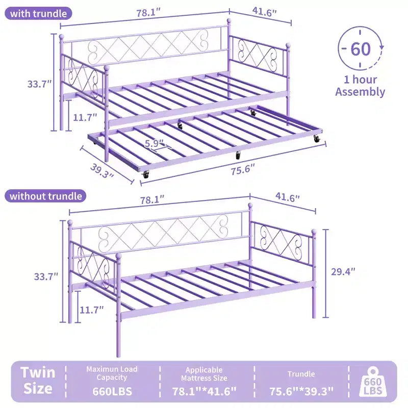 Lit de repos gigogne, Lit gigogne double avec tête de lit en forme de cœur pour enfants, Lit de repos en métal robuste avec support à lattes en acier, Lit de repos double violet