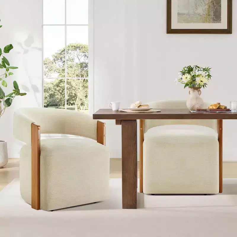 Chaise de salle à manger rembourrée avec accoudoirs en bois et roulettes cachées