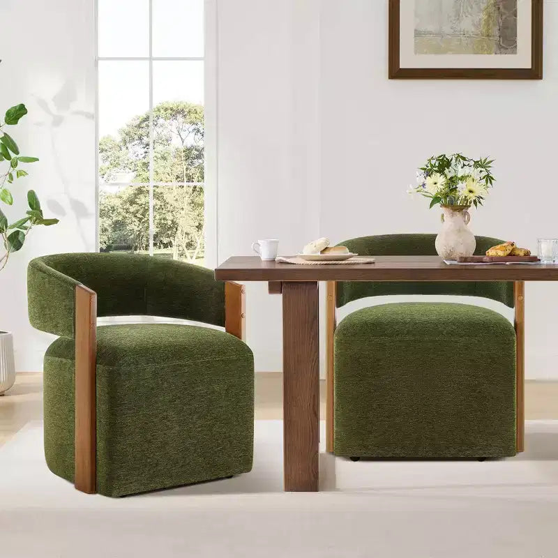 Chaise de salle à manger rembourrée avec accoudoirs en bois et roulettes cachées