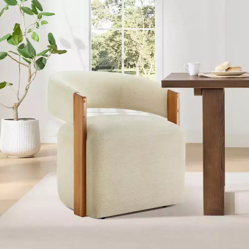 Chaise de salle à manger rembourrée avec accoudoirs en bois et roulettes cachées