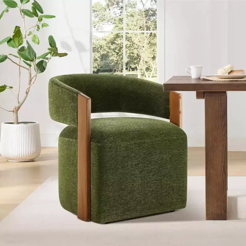 Chaise de salle à manger rembourrée avec accoudoirs en bois et roulettes cachées