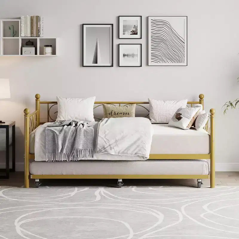 Lit de repos avec lit gigogne, lit de repos double en métal avec tête de lit florale, cadre de canapé-lit moderne, support à lattes en acier robuste