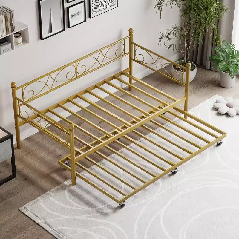 Lit de repos avec lit gigogne, lit de repos double en métal avec tête de lit florale, cadre de canapé-lit moderne, support à lattes en acier robuste