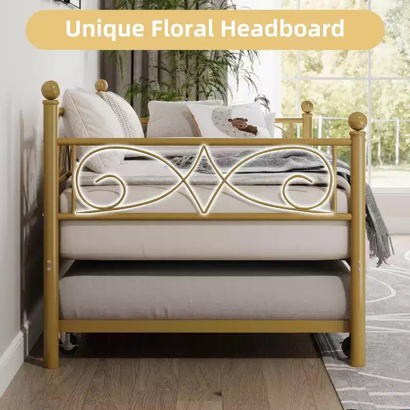 Lit de repos avec lit gigogne, lit de repos double en métal avec tête de lit florale, cadre de canapé-lit moderne, support à lattes en acier robuste