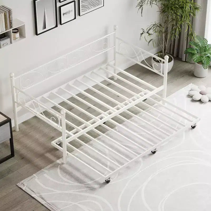 Lit de repos avec lit gigogne, lit de repos double en métal avec tête de lit florale, cadre de canapé-lit moderne, support à lattes en acier robuste