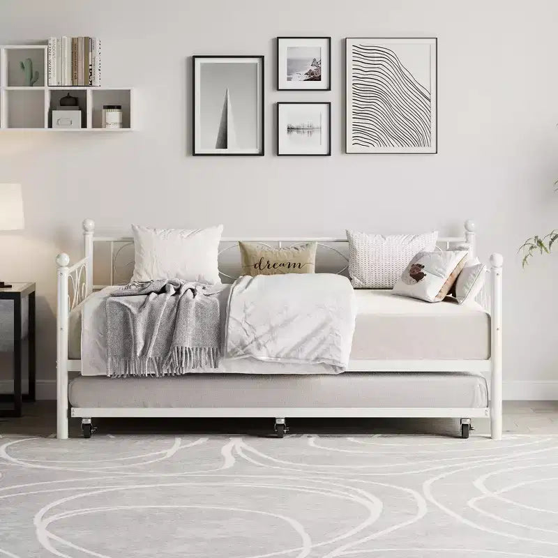 Lit de repos avec lit gigogne, lit de repos double en métal avec tête de lit florale, cadre de canapé-lit moderne, support à lattes en acier robuste