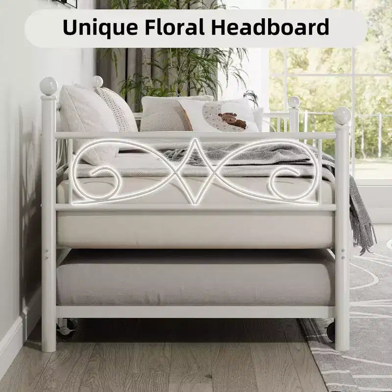 Lit de repos avec lit gigogne, lit de repos double en métal avec tête de lit florale, cadre de canapé-lit moderne, support à lattes en acier robuste