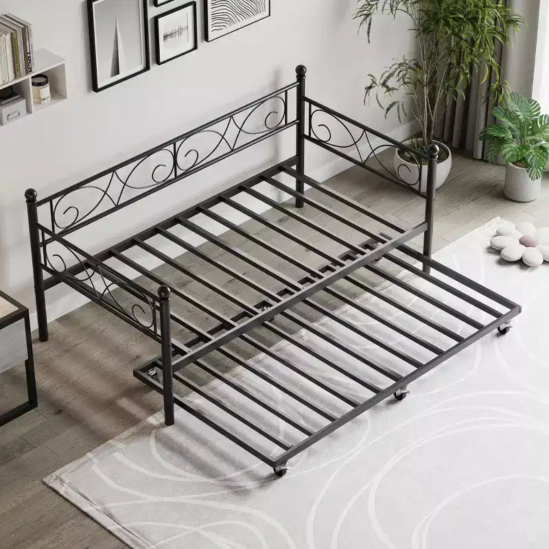Lit de repos avec lit gigogne, lit de repos double en métal avec tête de lit florale, cadre de canapé-lit moderne, support à lattes en acier robuste