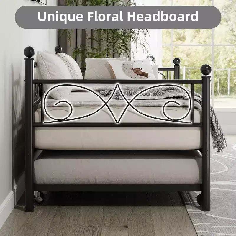 Lit de repos avec lit gigogne, lit de repos double en métal avec tête de lit florale, cadre de canapé-lit moderne, support à lattes en acier robuste