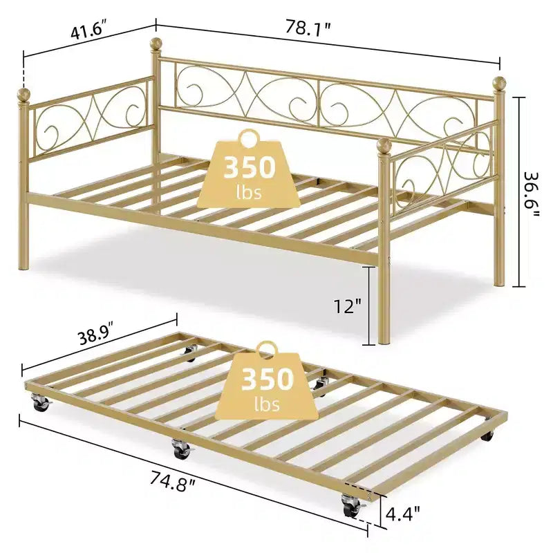 Lit de repos avec lit gigogne, lit de repos double en métal avec tête de lit florale, cadre de canapé-lit moderne, support à lattes en acier robuste