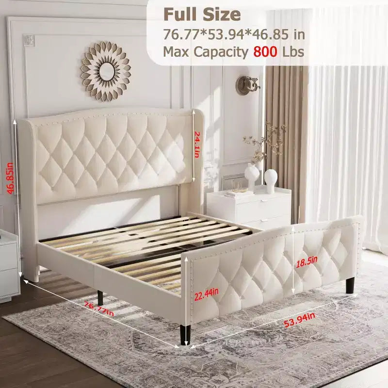 Cadre de lit plateforme rembourré de luxe avec tête de lit réglable – Tissu velours et lattes en bois