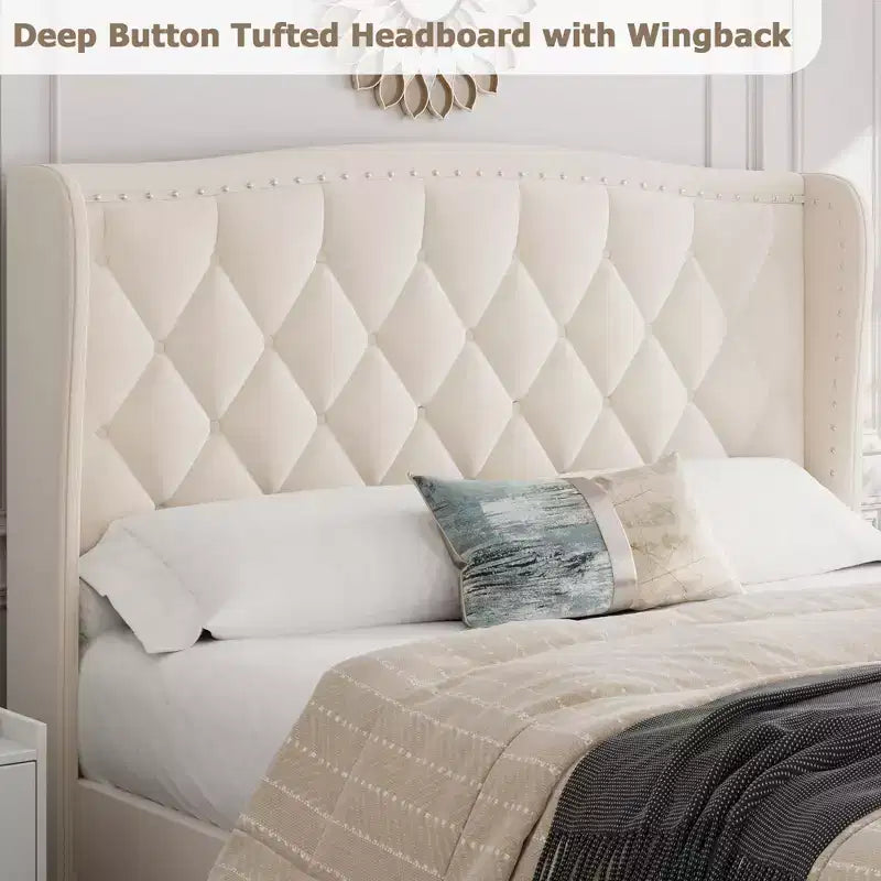 Cadre de lit plateforme rembourré de luxe avec tête de lit réglable – Tissu velours et lattes en bois
