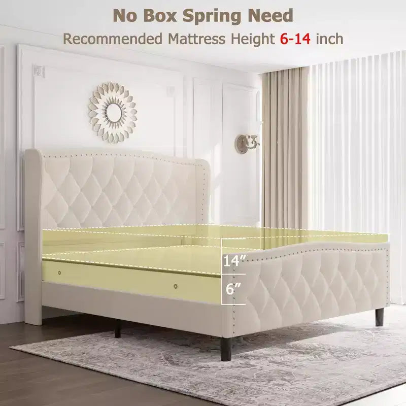 Cadre de lit plateforme rembourré de luxe avec tête de lit réglable – Tissu velours et lattes en bois