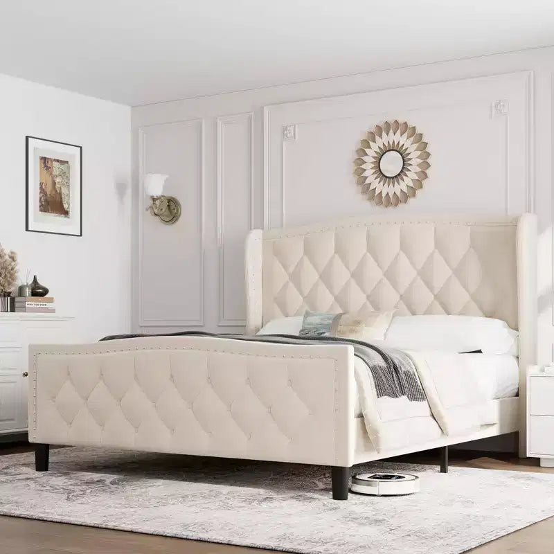 Cadre de lit plateforme rembourré de luxe avec tête de lit réglable – Tissu velours et lattes en bois