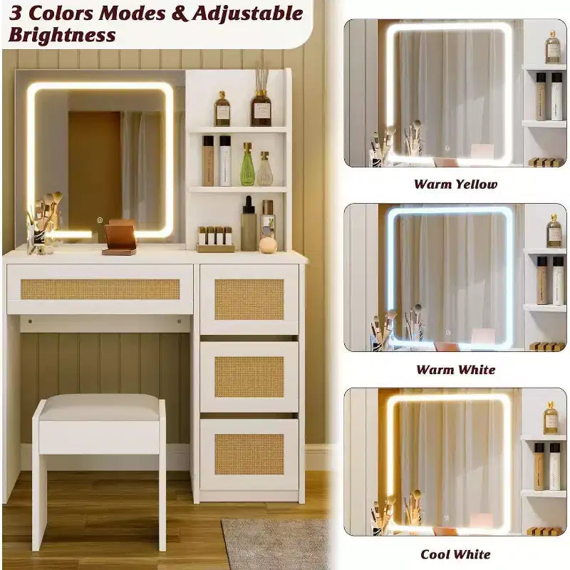 Coiffeuse en rotin blanc avec miroir LED réglable, 4 tiroirs et 2 étagères ouvertes, grande table de maquillage pour chambre à coucher