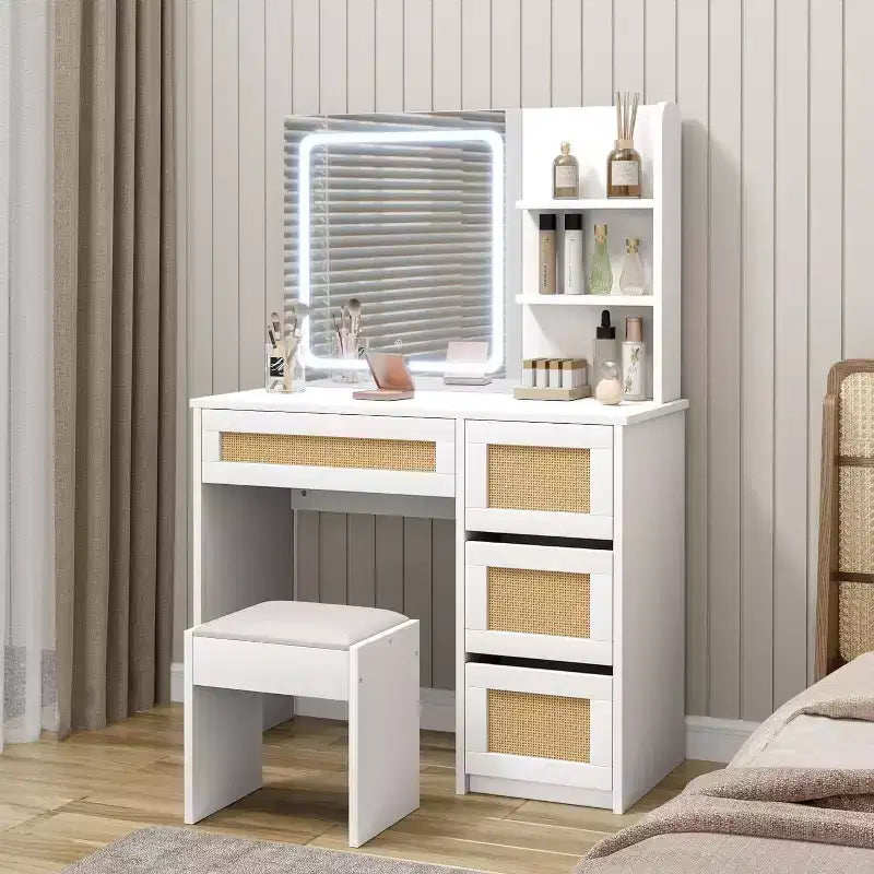 Coiffeuse en rotin blanc avec miroir LED réglable, 4 tiroirs et 2 étagères ouvertes, grande table de maquillage pour chambre à coucher