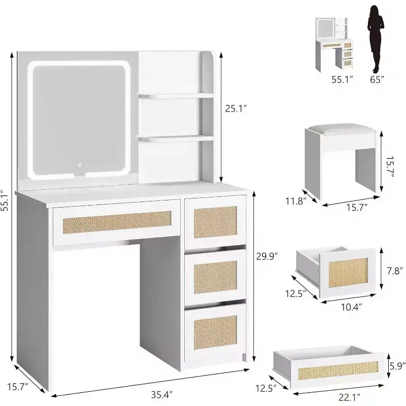 Coiffeuse en rotin blanc avec miroir LED réglable, 4 tiroirs et 2 étagères ouvertes, grande table de maquillage pour chambre à coucher