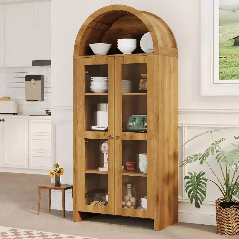 Vitrine arquée avec étagères réglables, Armoire de rangement haute de 70 pouces en chêne avec portes en acrylique transparent pour cuisine ou salon