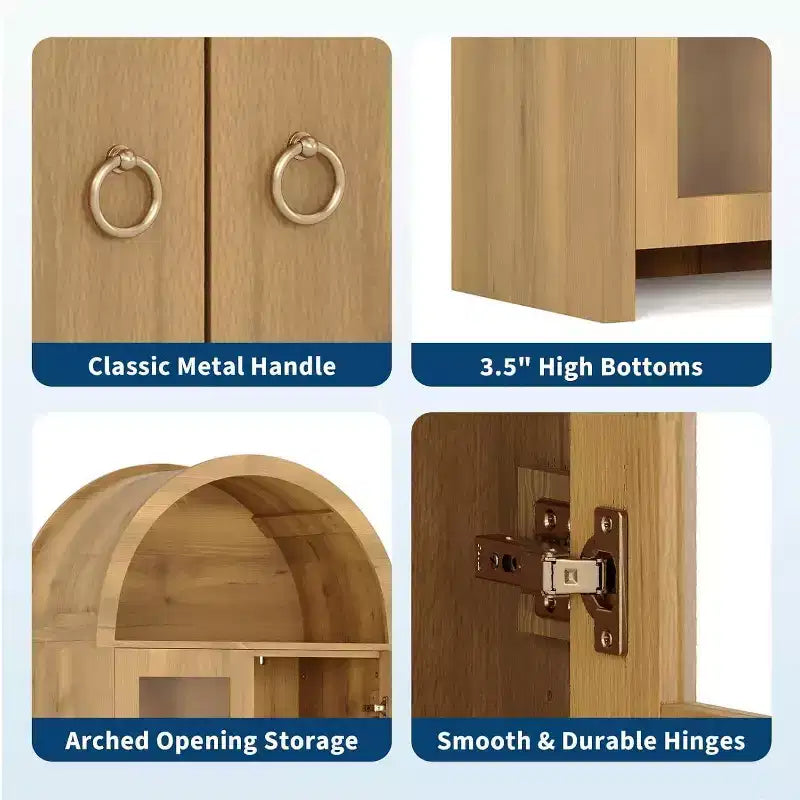 Vitrine arquée avec étagères réglables, Armoire de rangement haute de 70 pouces en chêne avec portes en acrylique transparent pour cuisine ou salon