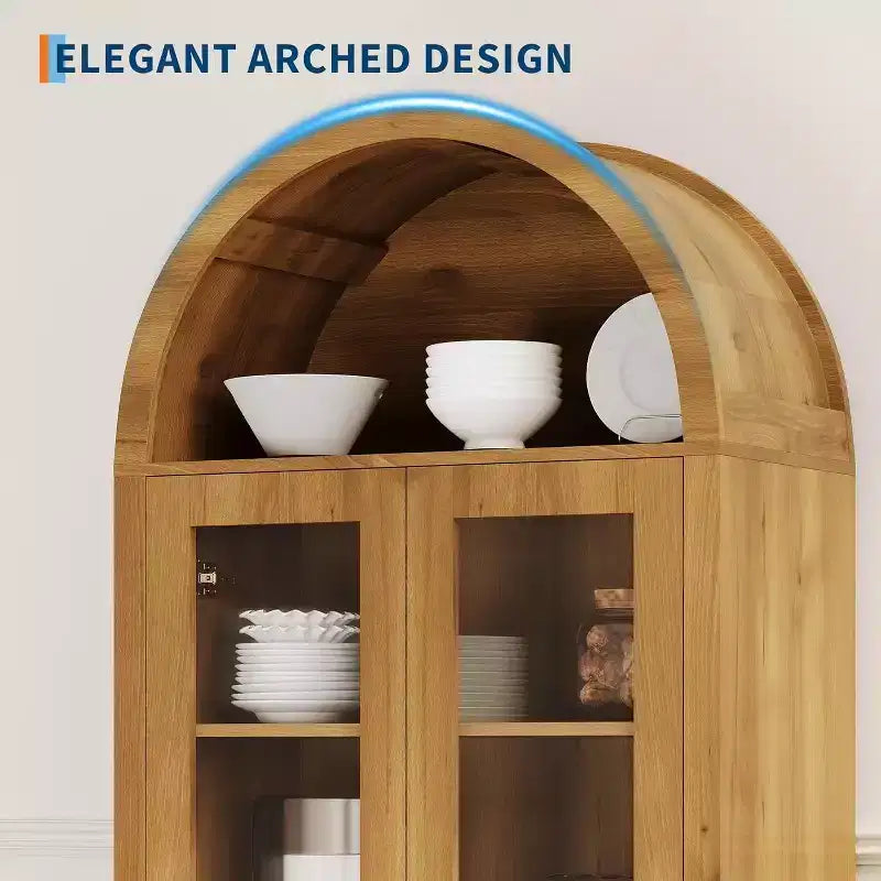 Vitrine arquée avec étagères réglables, Armoire de rangement haute de 70 pouces en chêne avec portes en acrylique transparent pour cuisine ou salon