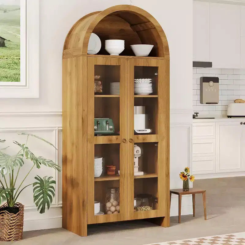 Vitrine arquée avec étagères réglables, Armoire de rangement haute de 70 pouces en chêne avec portes en acrylique transparent pour cuisine ou salon