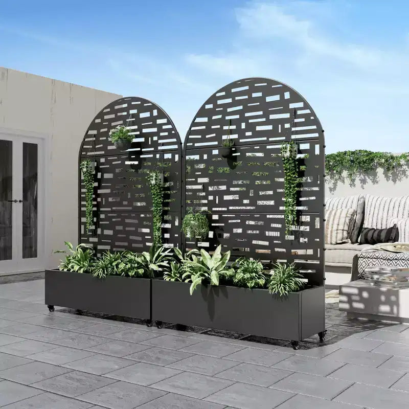 Jardinière avec treillis en fer noir, arche, large bord Gerald, style urbain, 183x119x41cm, ensemble de 3 pièces