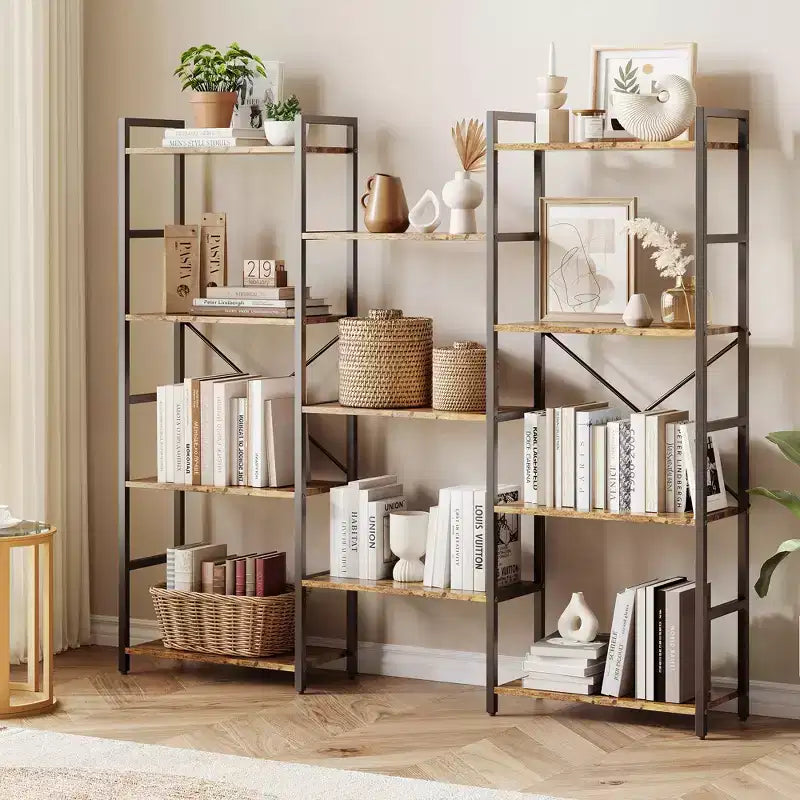 Étagère à 4 niveaux avec 11 étagères ouvertes, bibliothèque large à triple colonne pour la maison et le bureau, organisateur de rangement spacieux et élégant