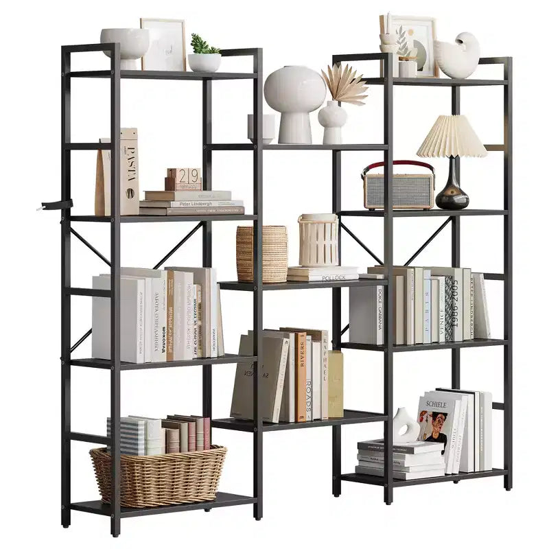 Étagère à 4 niveaux avec 11 étagères ouvertes, bibliothèque large à triple colonne pour la maison et le bureau, organisateur de rangement spacieux et élégant