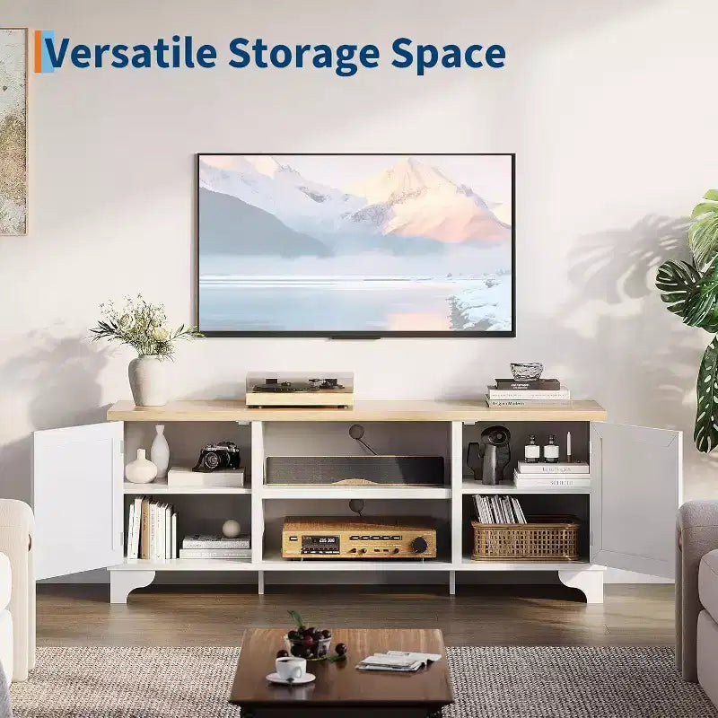 Meuble TV 70 pouces, meuble TV en rotin pour salon, meuble TV bohème, console en bois avec rangement et étagère.