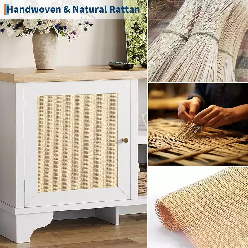 Meuble TV 70 pouces, meuble TV en rotin pour salon, meuble TV bohème, console en bois avec rangement et étagère.
