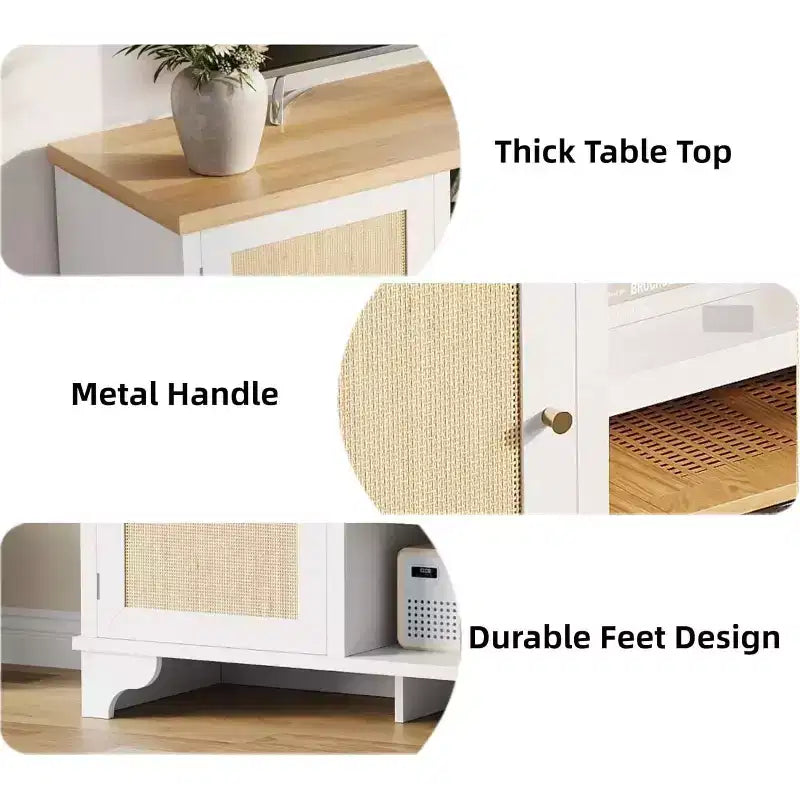 Meuble TV 70 pouces, meuble TV en rotin pour salon, meuble TV bohème, console en bois avec rangement et étagère.