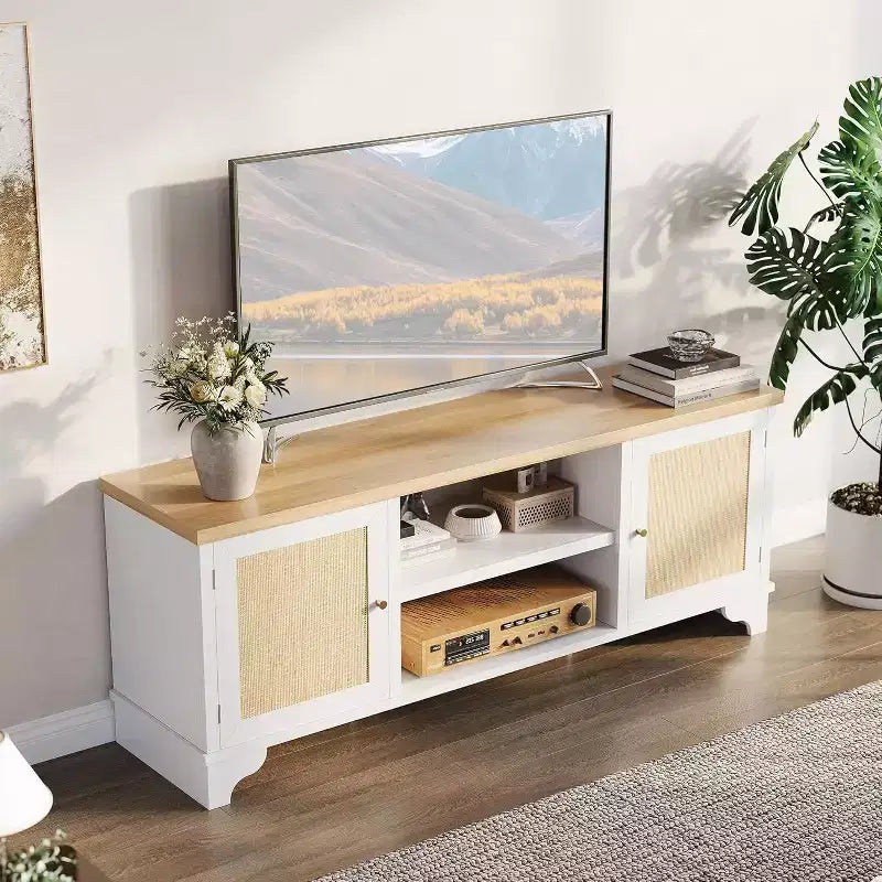 Meuble TV 70 pouces, meuble TV en rotin pour salon, meuble TV bohème, console en bois avec rangement et étagère.