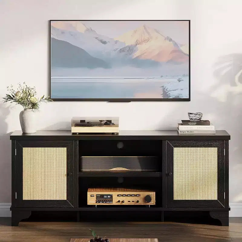 Meuble TV 70 pouces, meuble TV en rotin pour salon, meuble TV bohème, console en bois avec rangement et étagère.