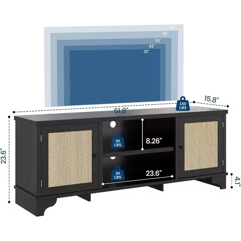 Meuble TV 70 pouces, meuble TV en rotin pour salon, meuble TV bohème, console en bois avec rangement et étagère.