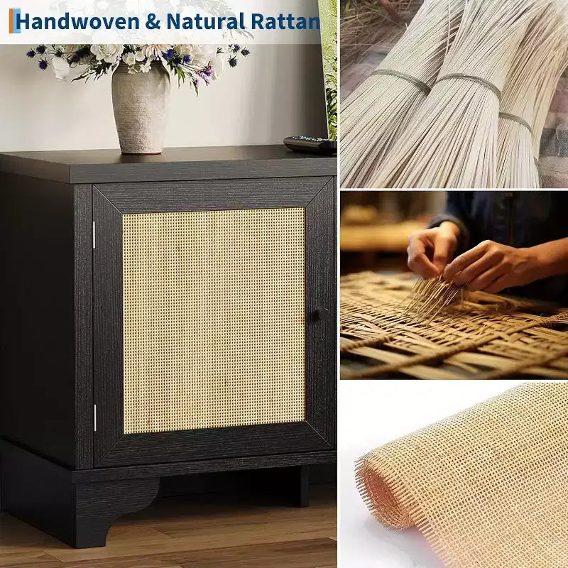 Meuble TV 70 pouces, meuble TV en rotin pour salon, meuble TV bohème, console en bois avec rangement et étagère.