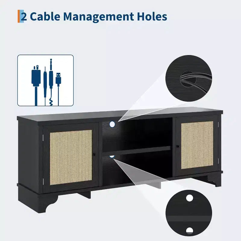 Meuble TV 70 pouces, meuble TV en rotin pour salon, meuble TV bohème, console en bois avec rangement et étagère.