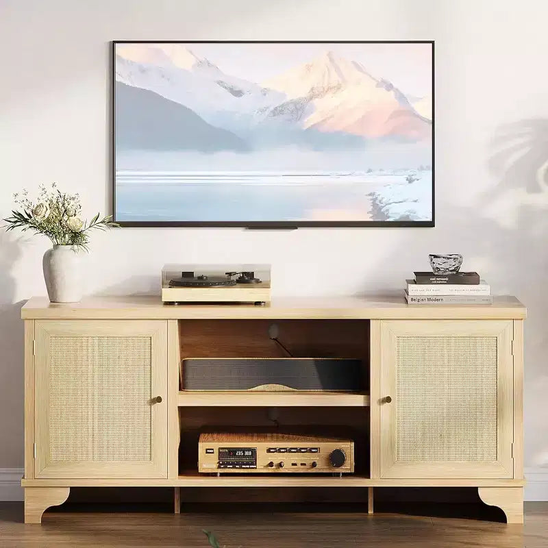 Meuble TV 70 pouces, meuble TV en rotin pour salon, meuble TV bohème, console en bois avec rangement et étagère.