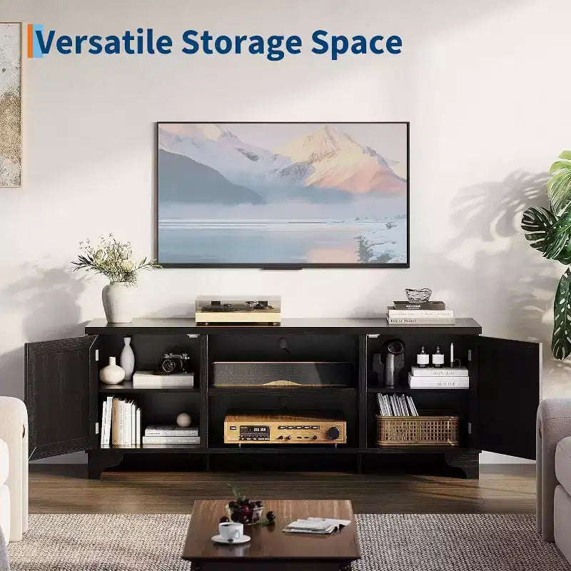 Meuble TV 70 pouces, meuble TV en rotin pour salon, meuble TV bohème, console en bois avec rangement et étagère.