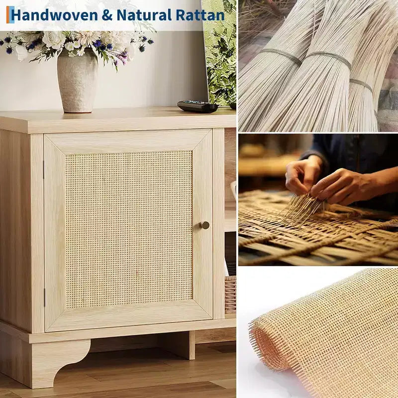 Meuble TV 70 pouces, meuble TV en rotin pour salon, meuble TV bohème, console en bois avec rangement et étagère.