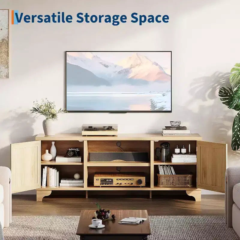 Meuble TV 70 pouces, meuble TV en rotin pour salon, meuble TV bohème, console en bois avec rangement et étagère.